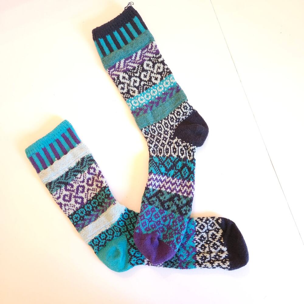 Solmate Water Crew Socks Mismatched Blue Purple Fair Isle Recycled Cotton